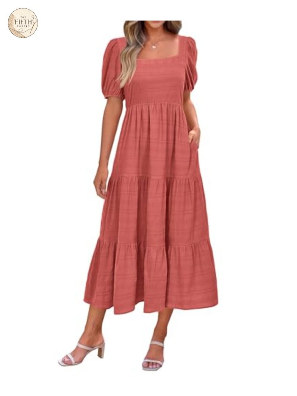 Women's Puff Sleeve Square Neck Smocked A-Line Midi Dress with Pockets